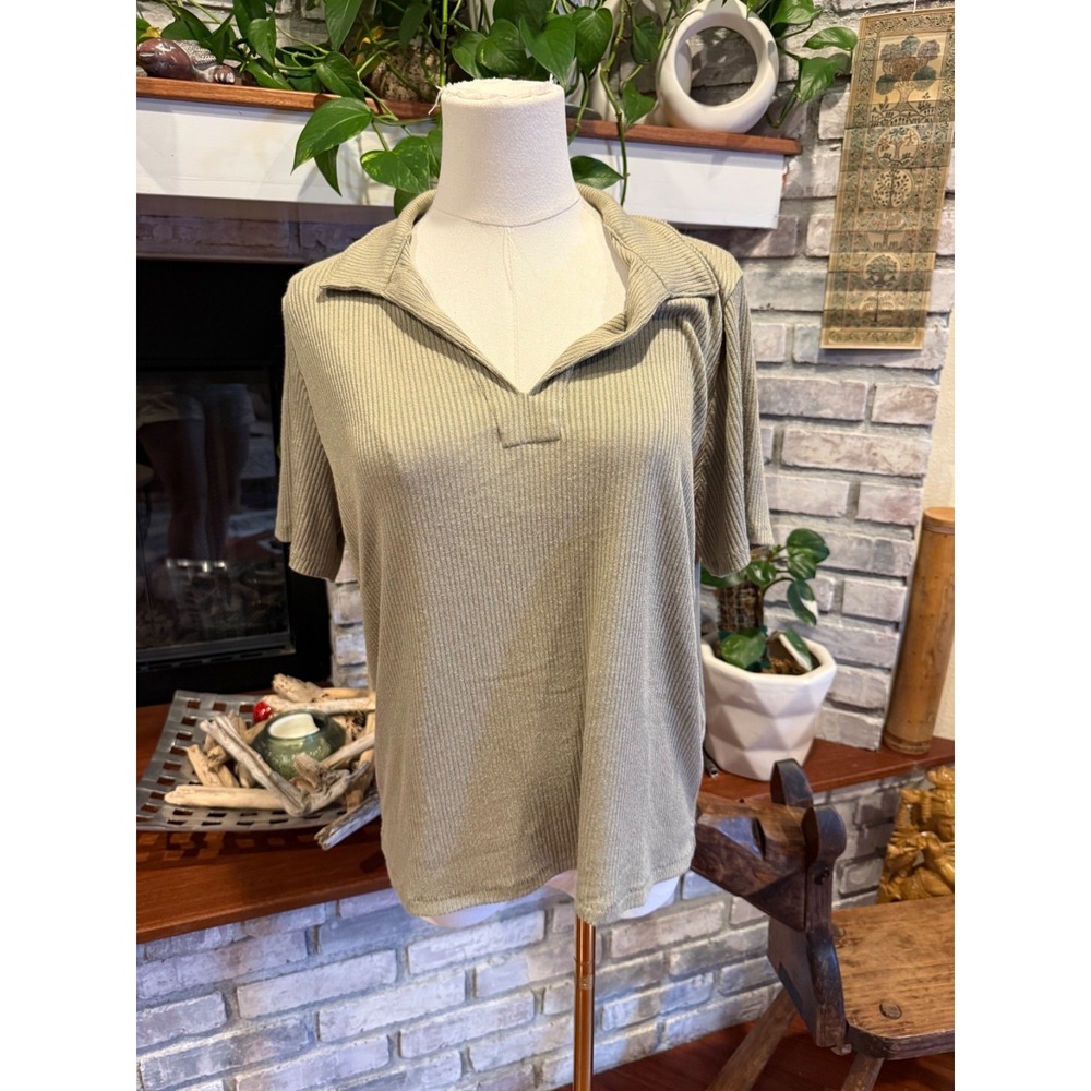 Rag & Bone Ribbed Polo Open Collar Short Sleeve Shirt | Tan Green | Size‎ Large